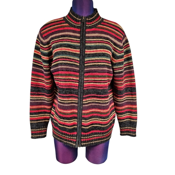 Tiara International Earth Tone Striped Full Zip Sweater Cardigan Size Small K64 - Picture 8 of 8